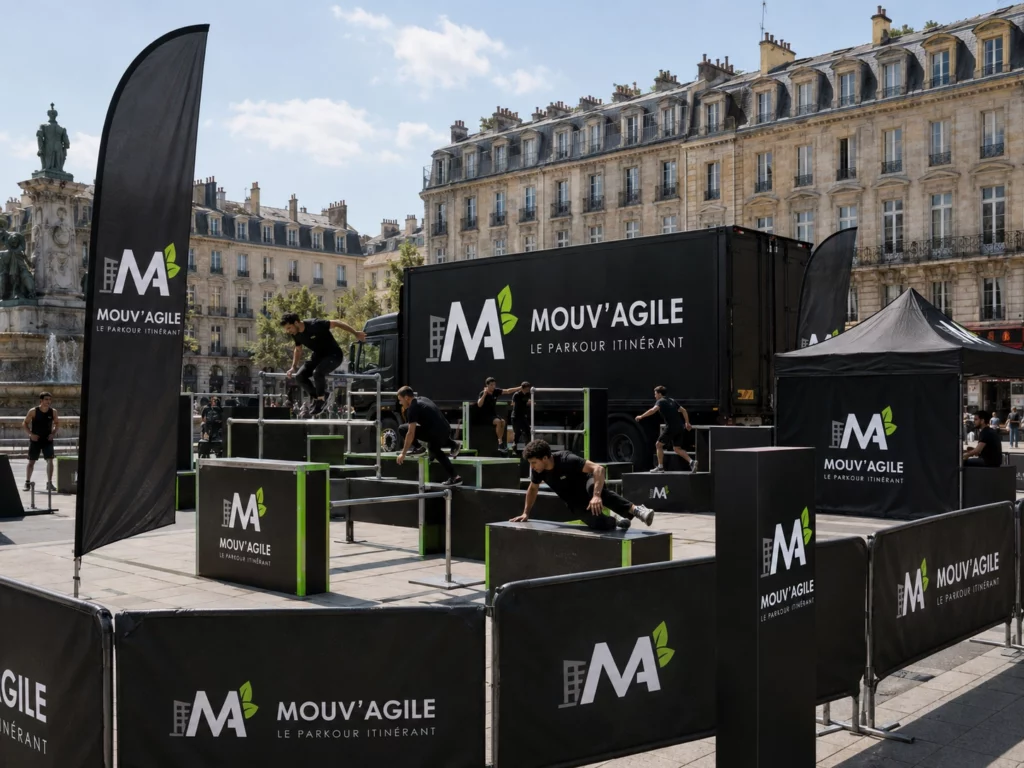 Modules mobiles Mouv’Agile installés pour une animation de parkour